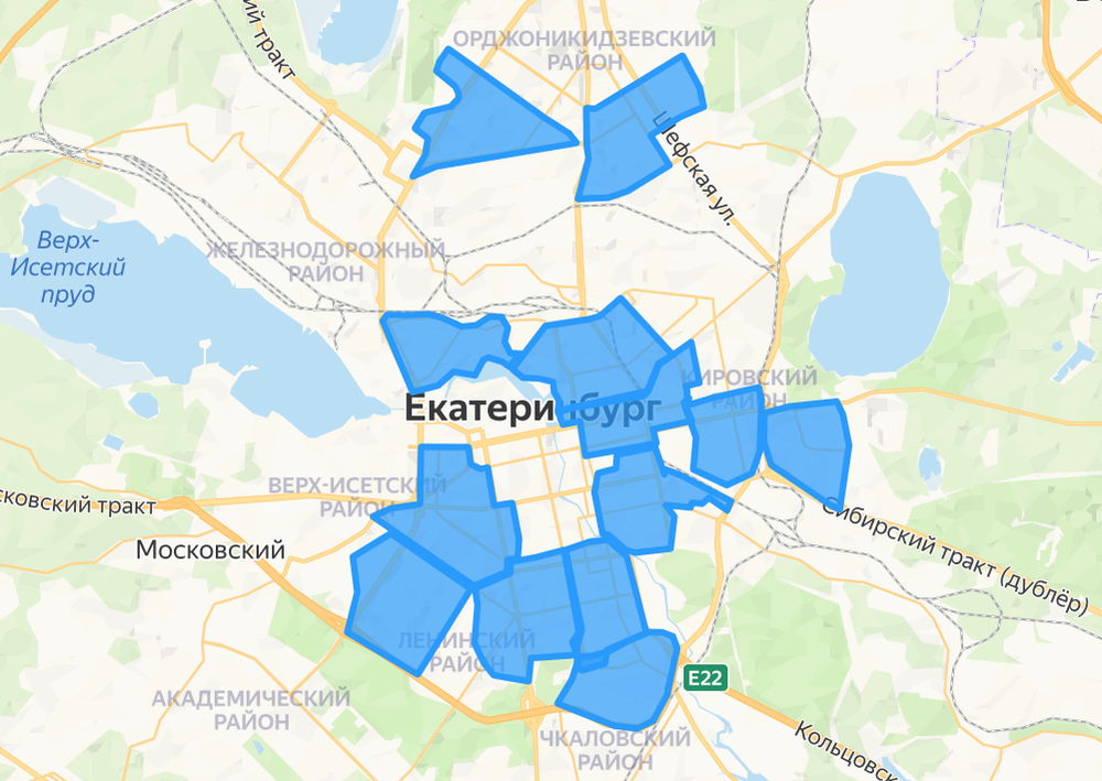 Карта покрытия Екатеринбурга. Скриншот сайта «Яндекс.Лавки»