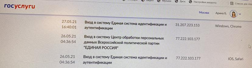 Снимок экрана с информацией о том, кто и как заходил в аккаунт Арины Бородиной