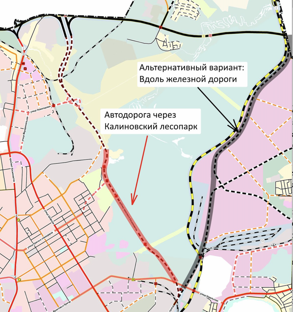 Красным отмечена дорога, которая обозначена в генплане, серым отмечена альтернативная дорога, которую предлагают проложить активисты. Фото: движение «Мирные жители»