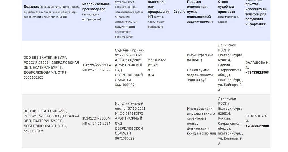 Скриншот из реестра исполнительных производств