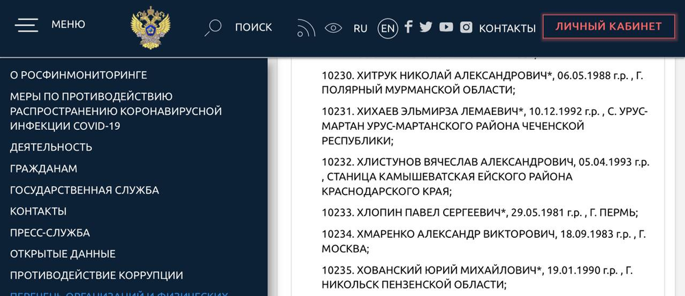 Скриншот сайта Росфинмониторинга