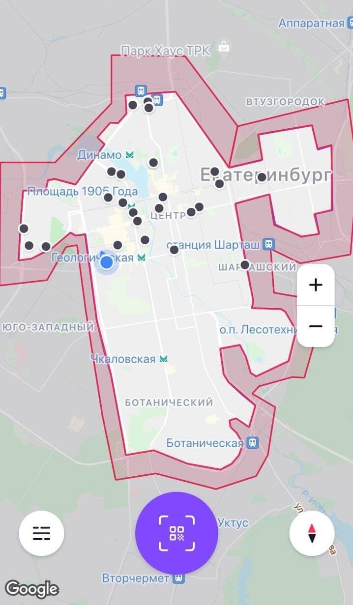 Карта покрытия Urent в Екатеринбурге. Скриншот приложения