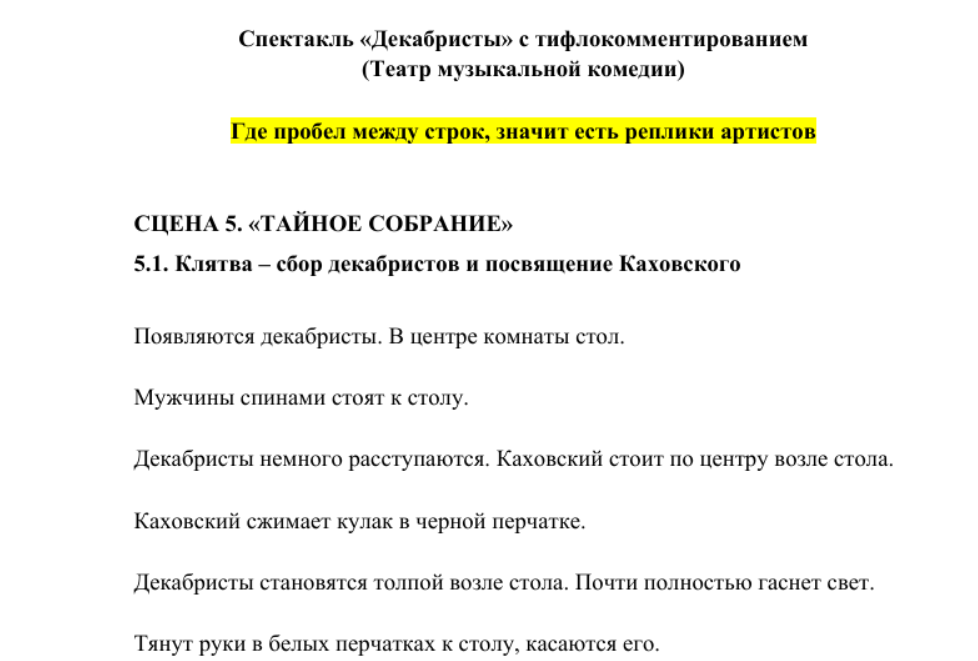Так выглядит текст тифлокомментария. Но во время спектакля иногда приходится импровизировать и вносить какие-то правки прямо на ходу. Фото: личный архив Марии Бельковой